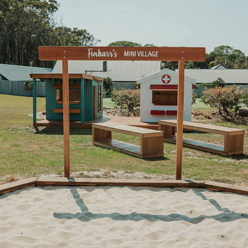 A welcome sign in a school setting in front of village themed cubby houses