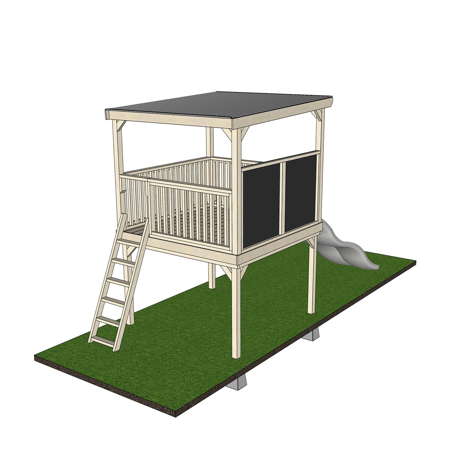Castle and Cubby Raised Platform with Roof and Blackboard handrail double slide and ladder