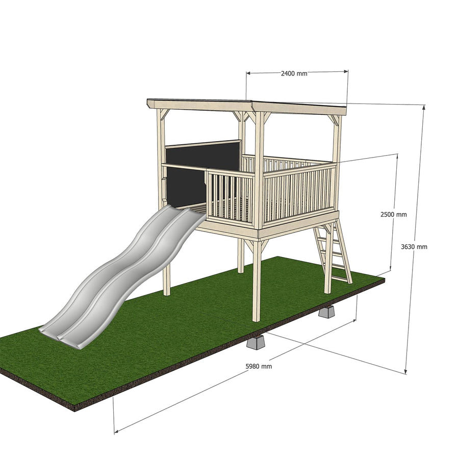 Castle and Cubby Raised Platform with Roof and Blackboard handrail double slide and ladder