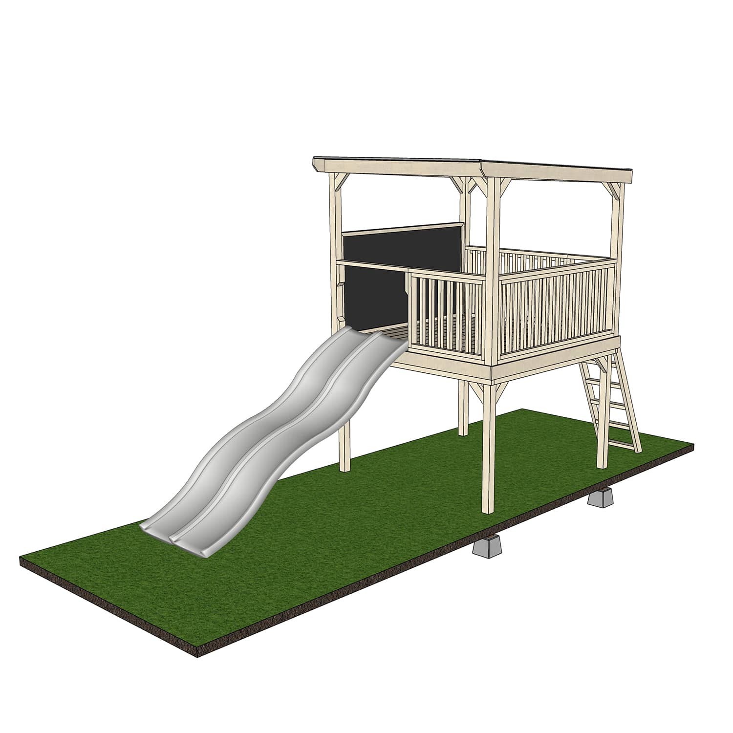 Castle and Cubby Raised Platform with Roof and Blackboard handrail double slide and ladder