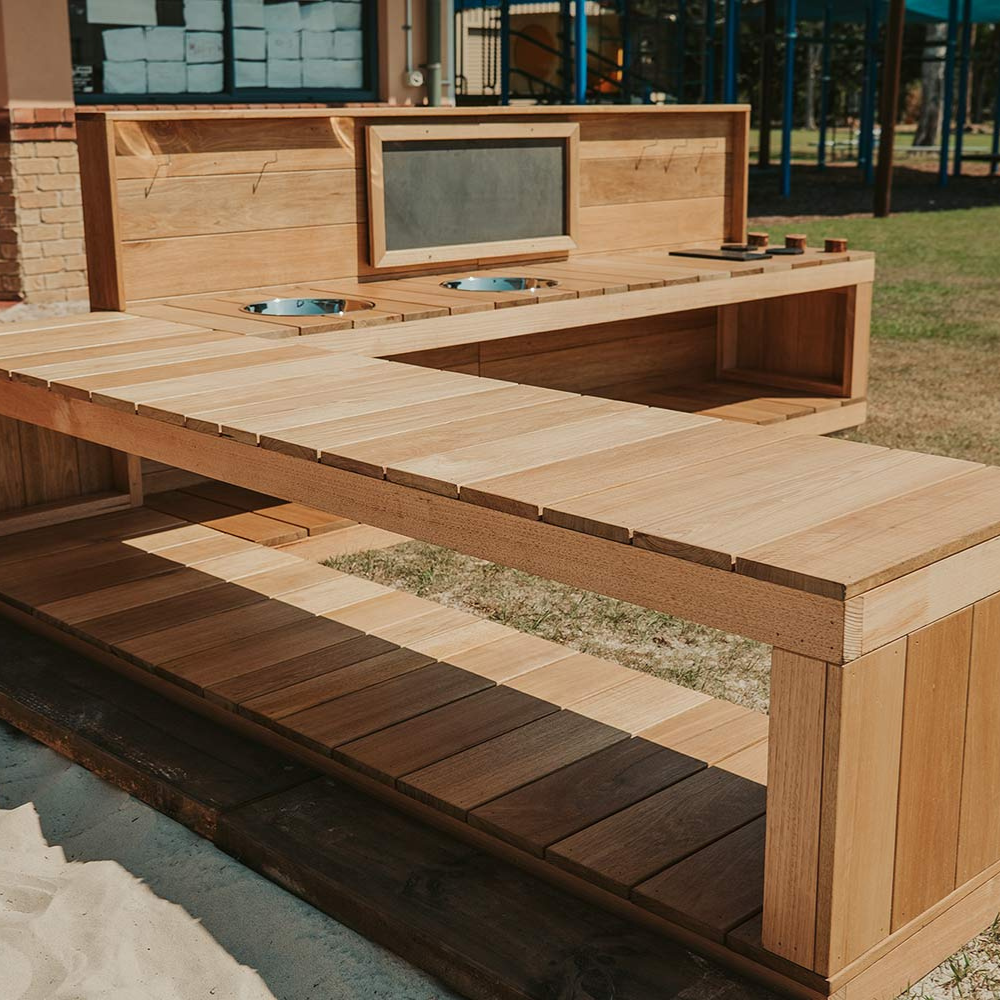L-Shape Outdoor Mud Kitchen - Made from thermory timber, built to last outdoors. 
