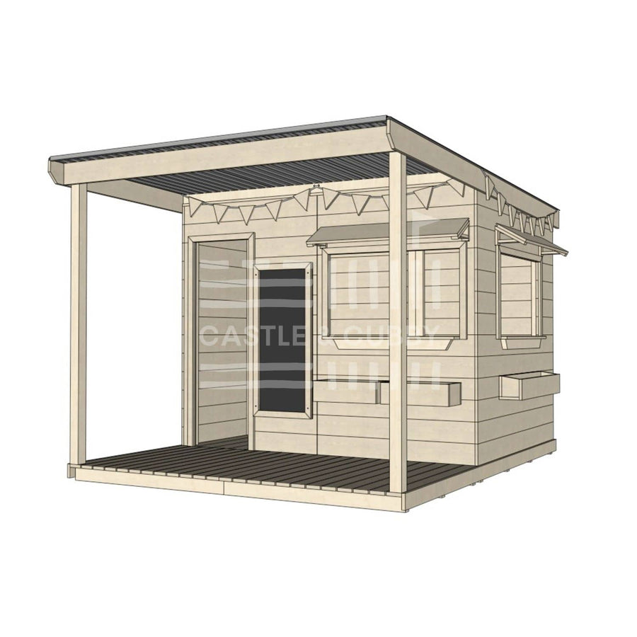A commercial grade extended height wooden large rectangle cubby house with front verandah and accessories