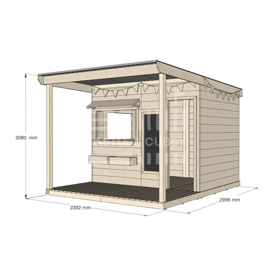 A commercial grade extended height pine large rectangle cubby house with front verandah and accessories package