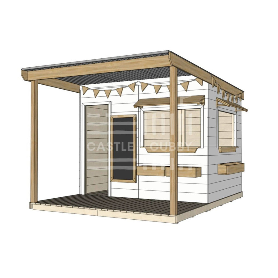 A commercial grade extended height painted wooden large rectangle cubby house with front verandah and accessories