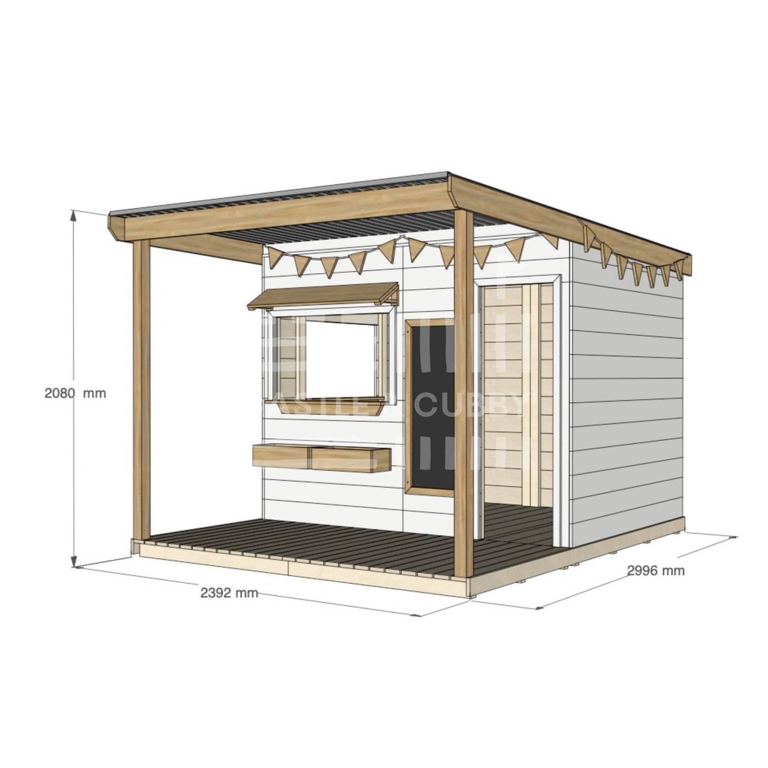 A commercial grade extended height painted pine large rectangle cubby house with front verandah and accessories package