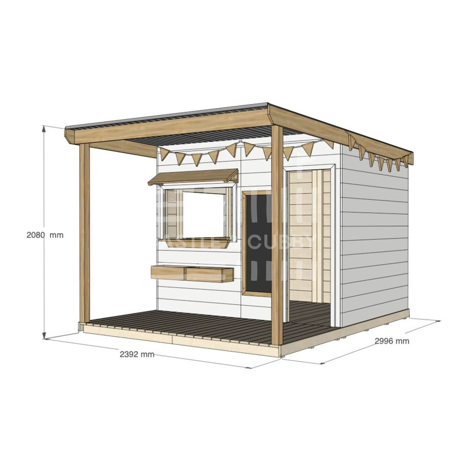 A commercial grade extended height painted pine large rectangle cubby house with front verandah and accessories package