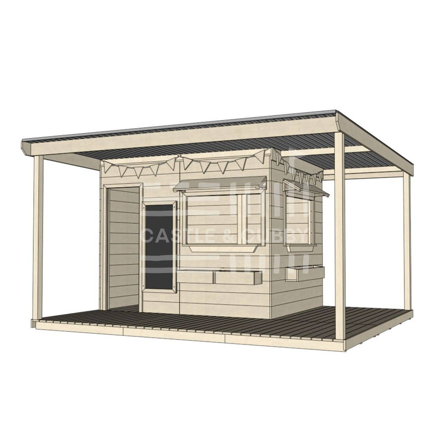 Commercial grade extended height large square wooden cubby house with wraparound verandah and accessories