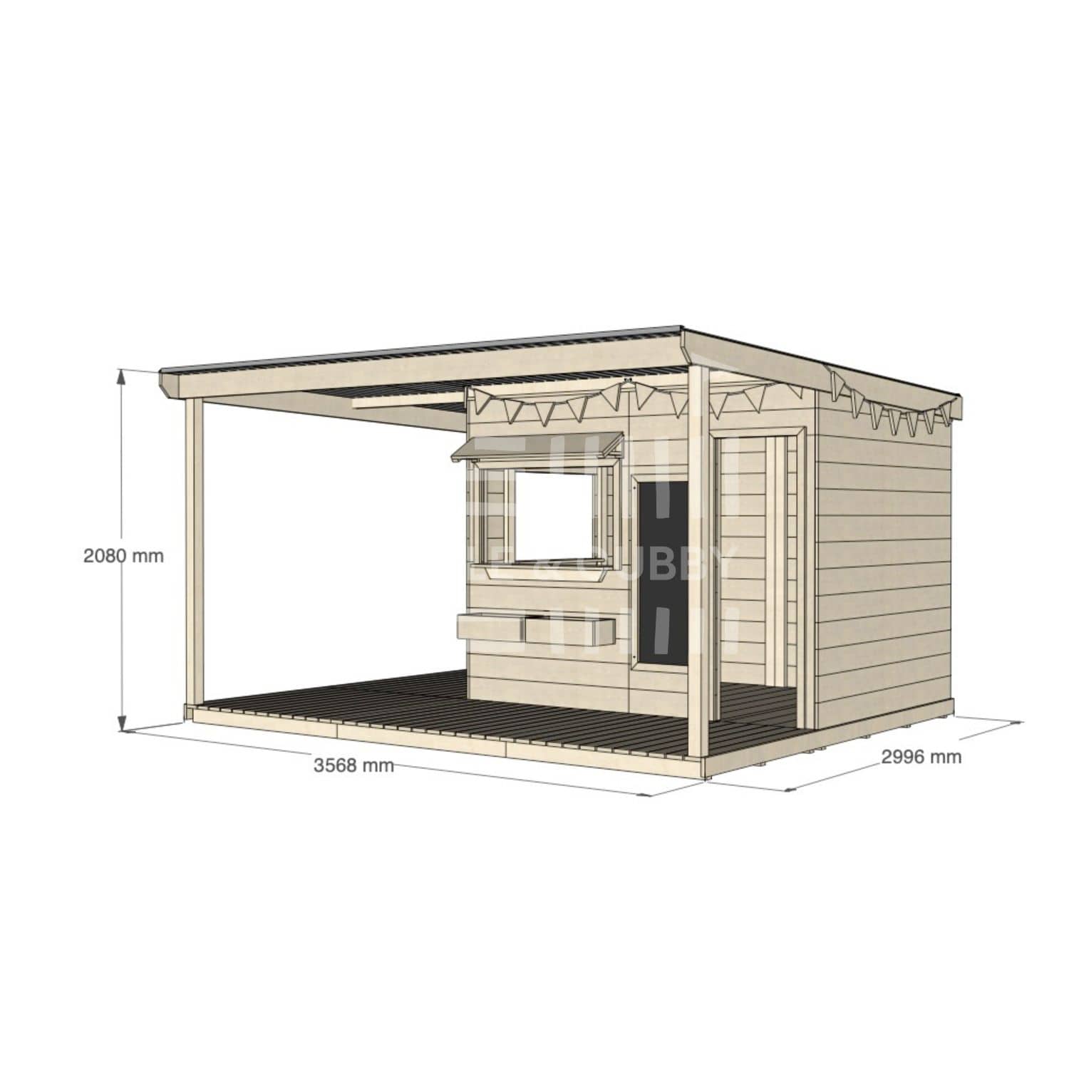 Commercial grade extended height large square timber cubby house with wraparound verandah and accessories