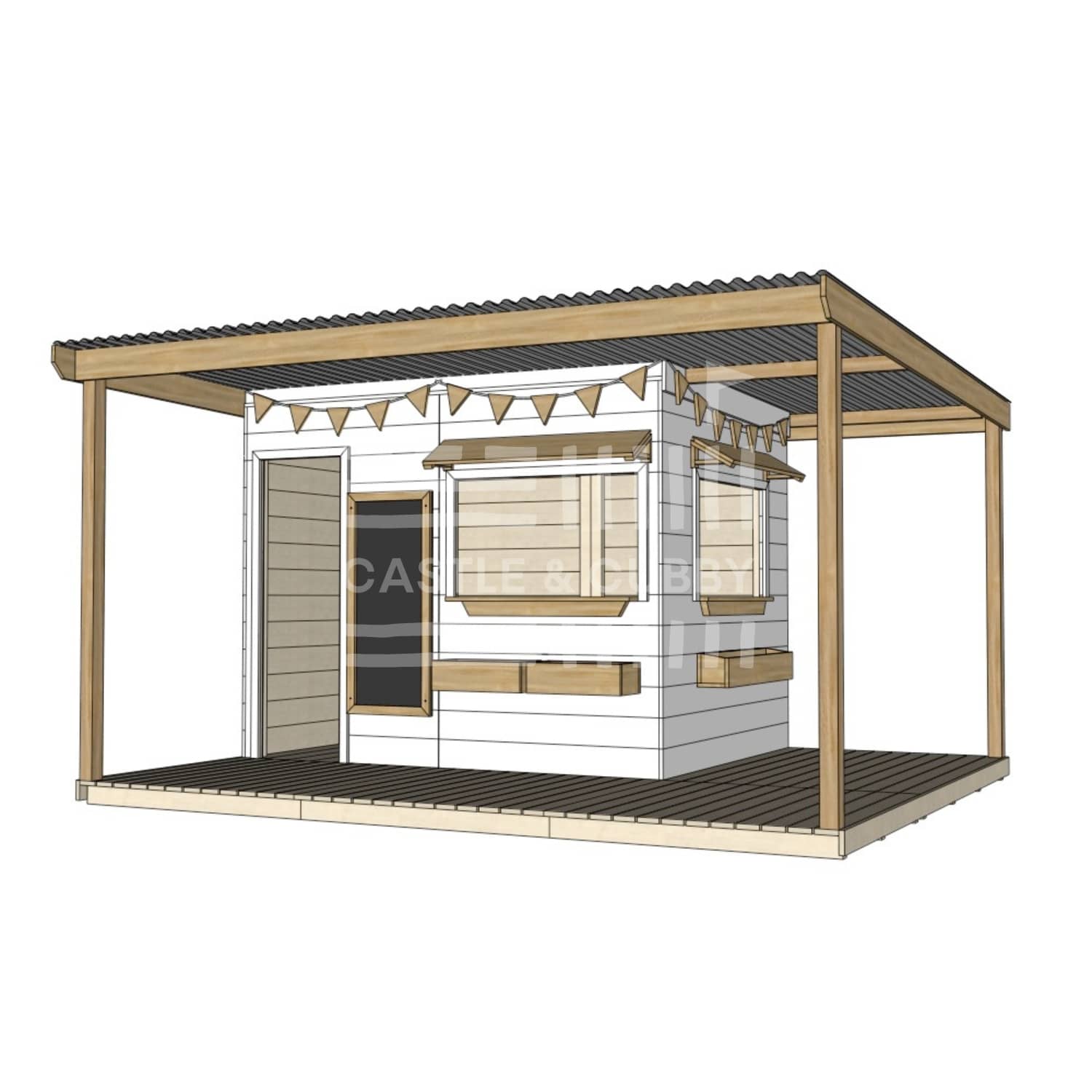 Commercial grade extended height painted large square wooden cubby house with wraparound verandah and accessories