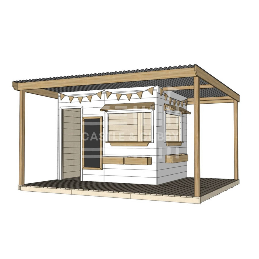 Commercial grade extended height painted large square wooden cubby house with wraparound verandah and accessories