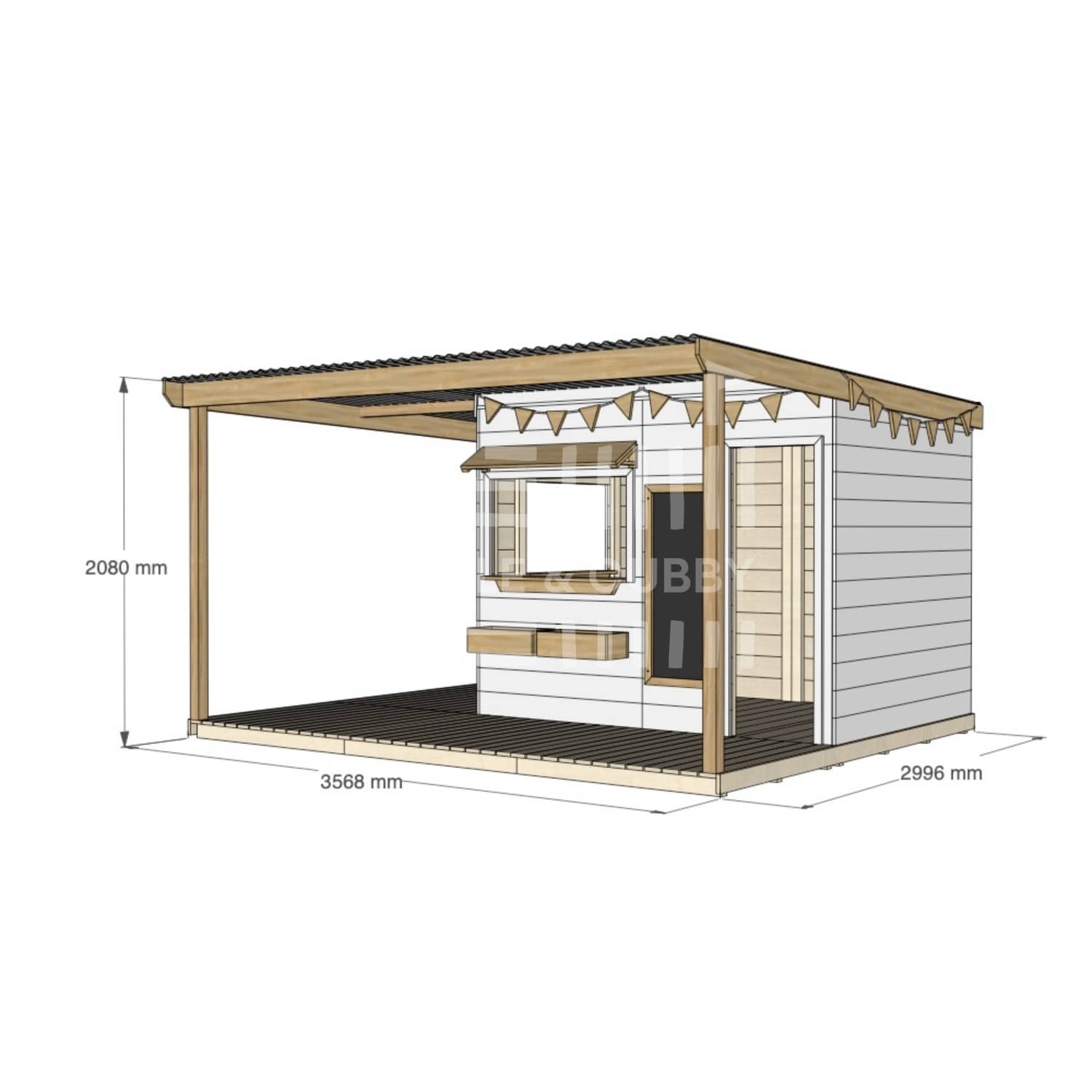 Commercial grade extended height painted large square timber cubby house with wraparound verandah and accessories
