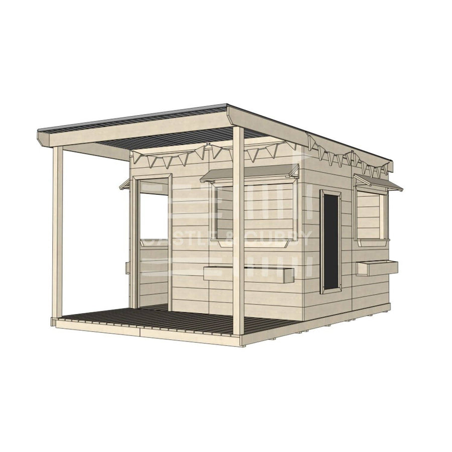 A commercial grade extended height wooden large square cubby house with front verandah and accessories