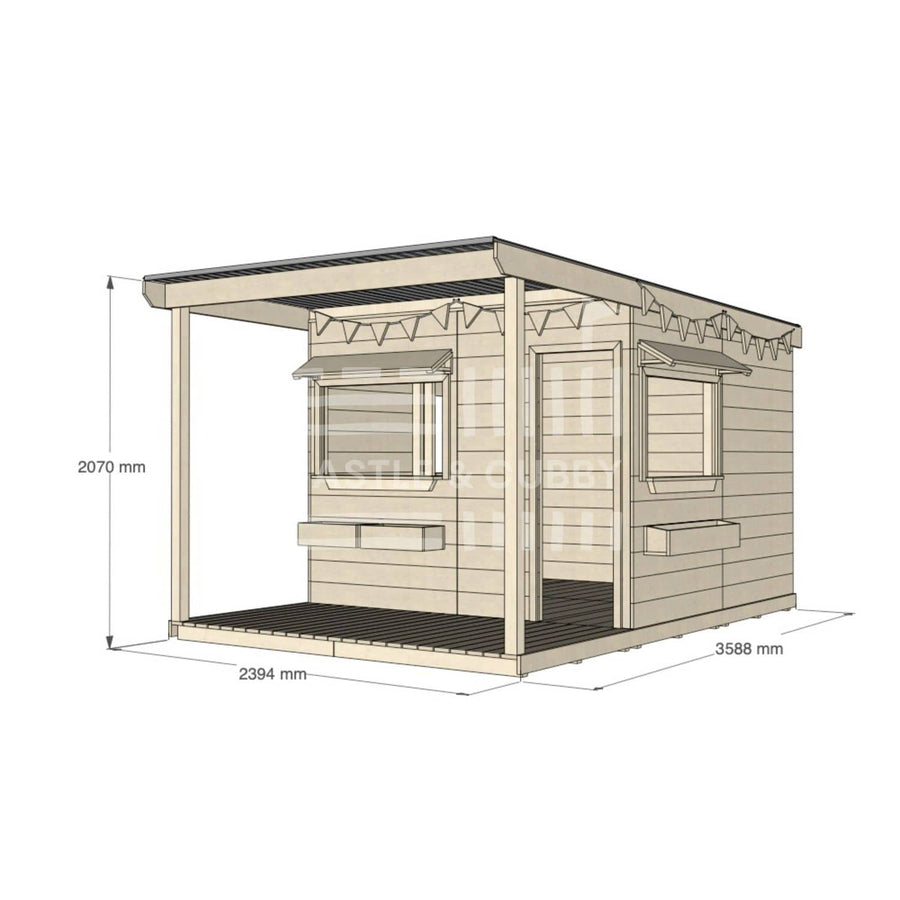 A commercial grade extended height pine large square cubby house with front verandah and accessories package