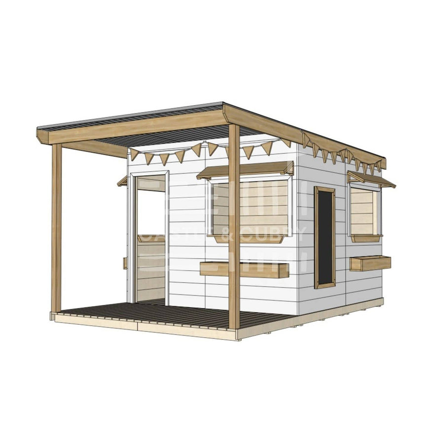 A commercial grade extended height painted wooden large square cubby house with front verandah and accessories