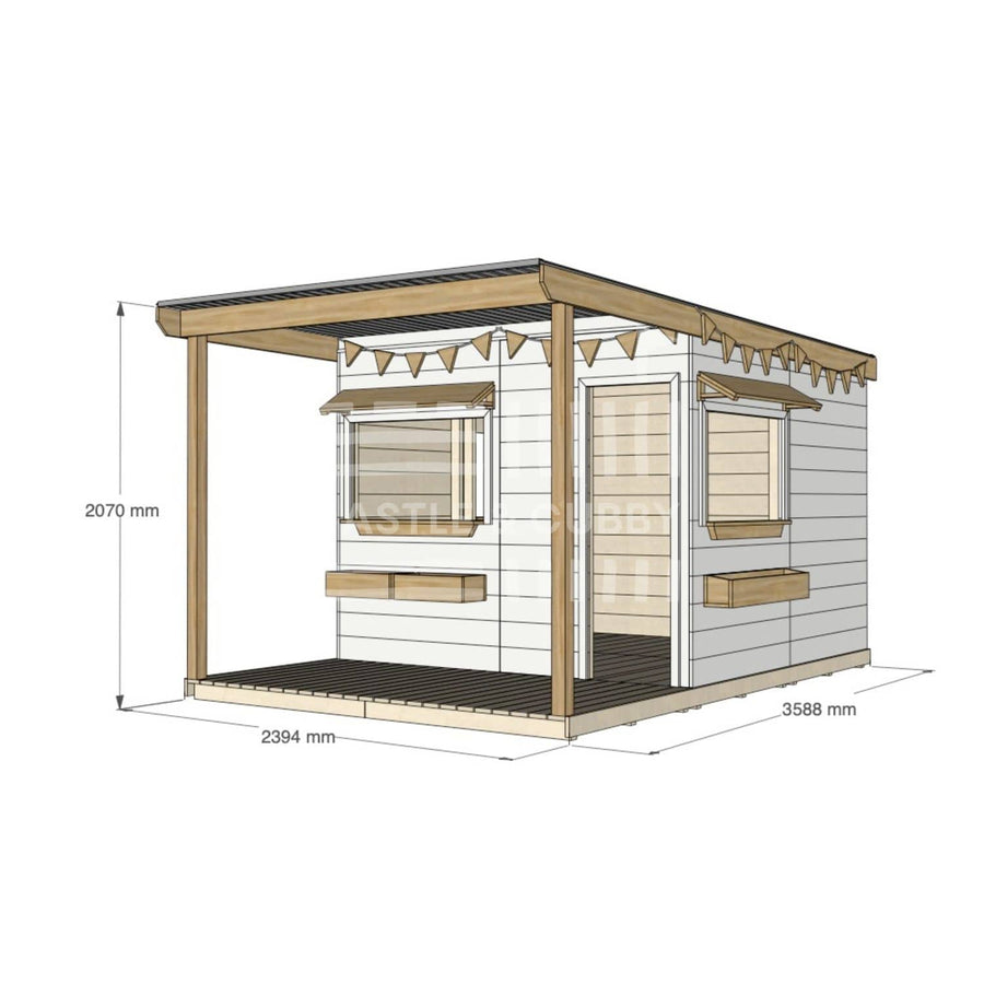 A commercial grade extended height painted pine large square cubby house with front verandah and accessories package