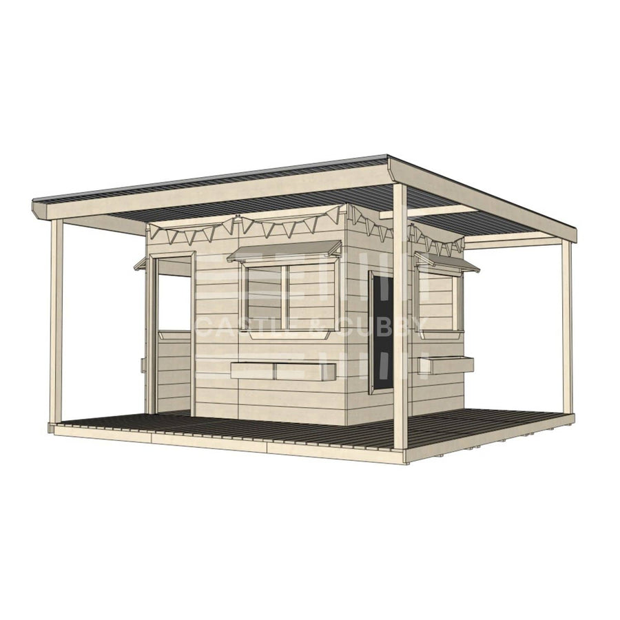 Commercial grade extended height large square wooden cubby house with wraparound verandah and accessories
