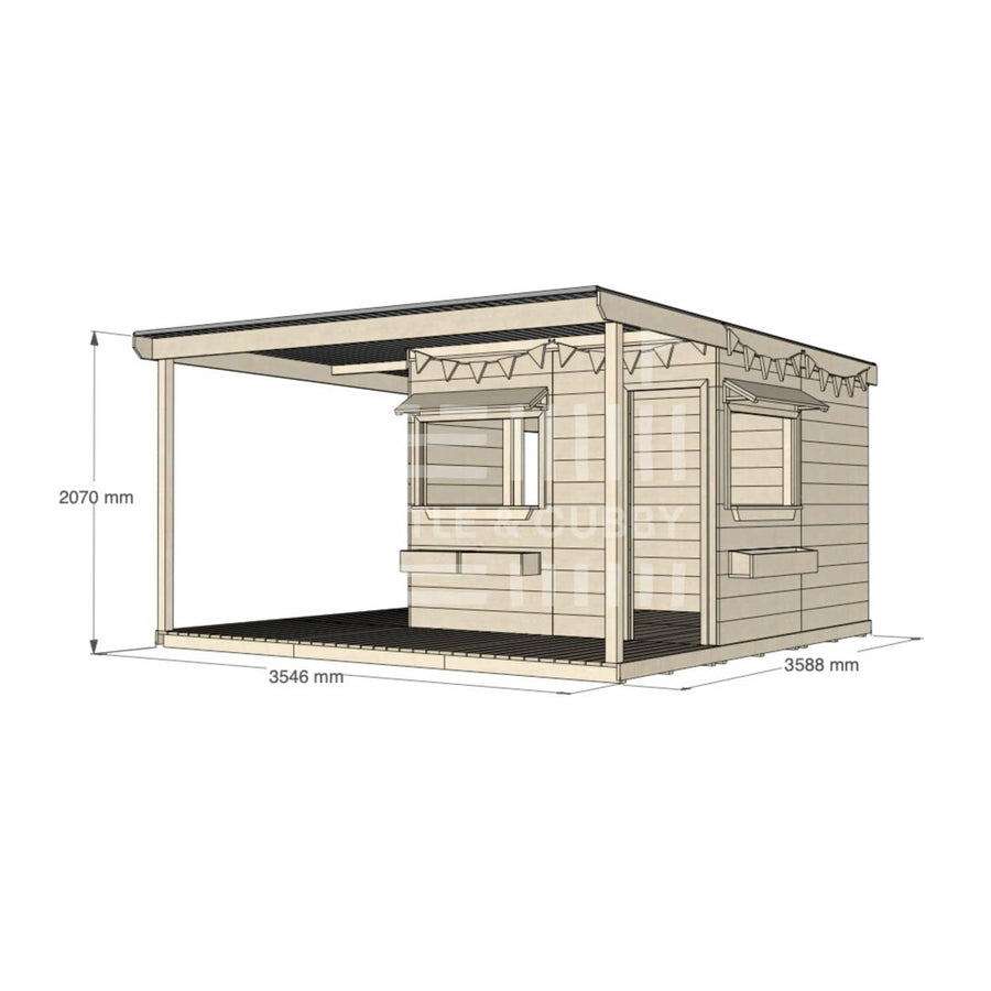 Commercial grade extended height large square timber cubby house with wraparound verandah and accessories