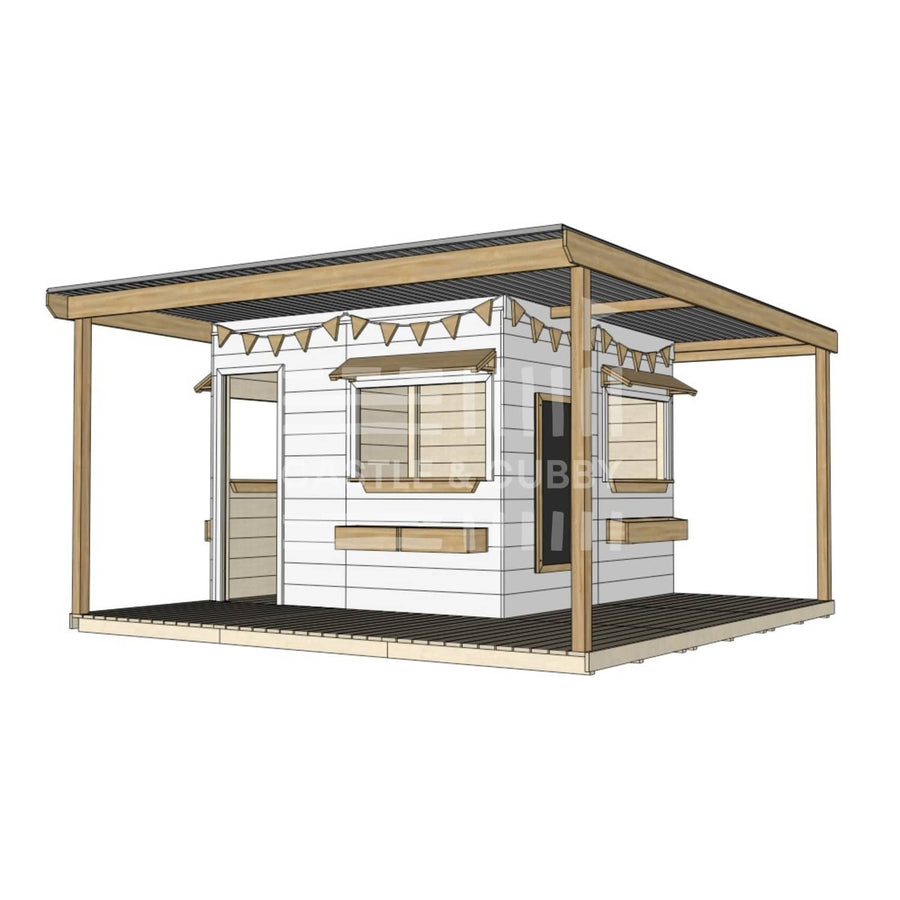 Commercial grade extended height painted large square wooden cubby house with wraparound verandah and accessories