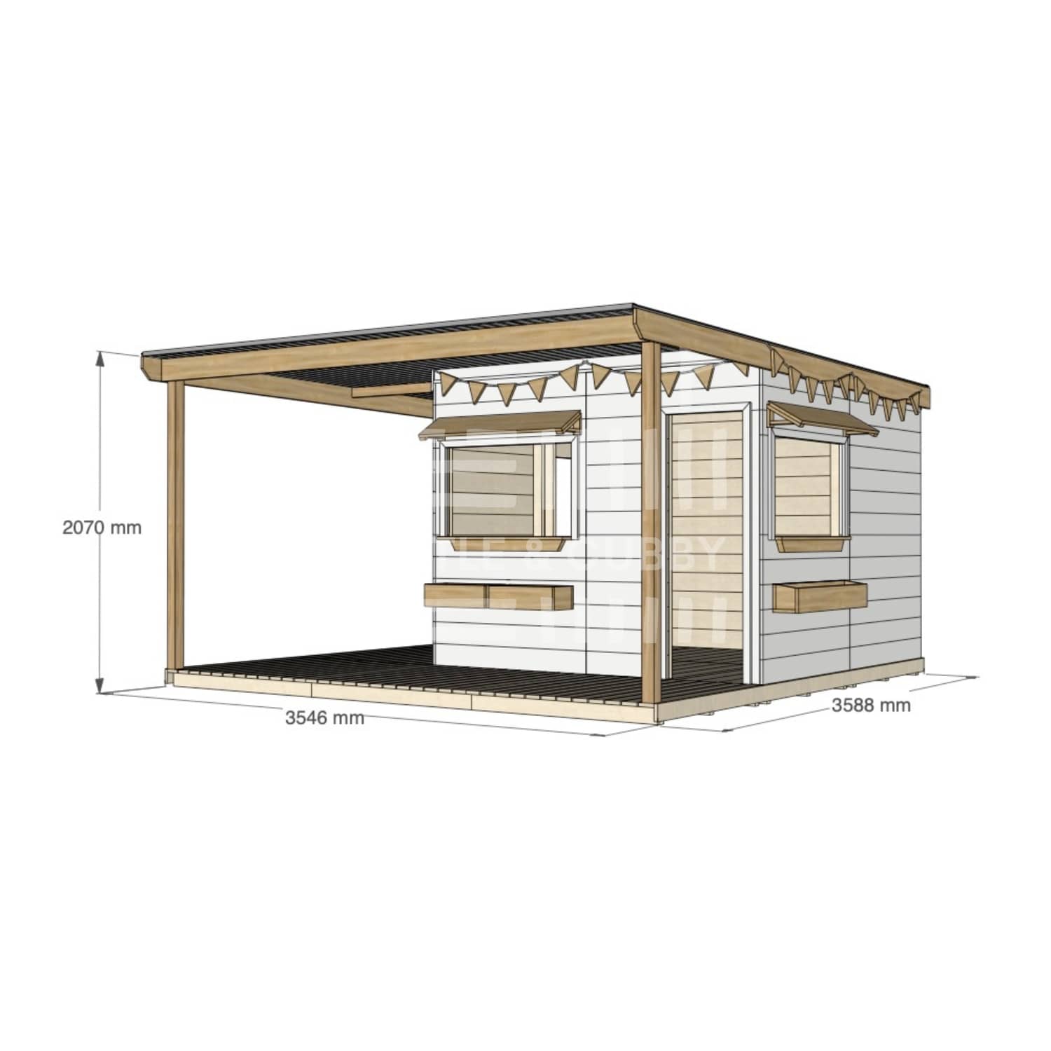 Commercial grade extended height painted large square timber cubby house with wraparound verandah and accessories
