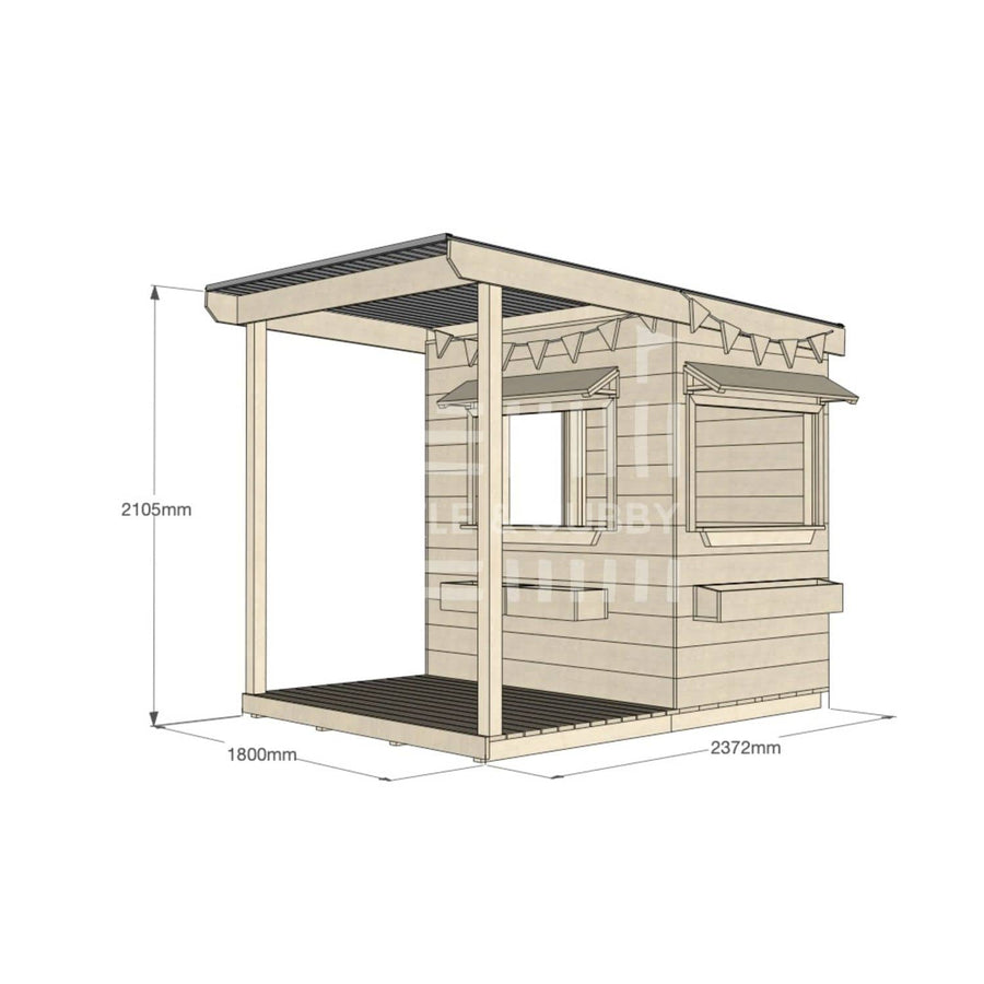 A commercial grade extended height pine little rectangle cubby house with front verandah, accessories and dimensions