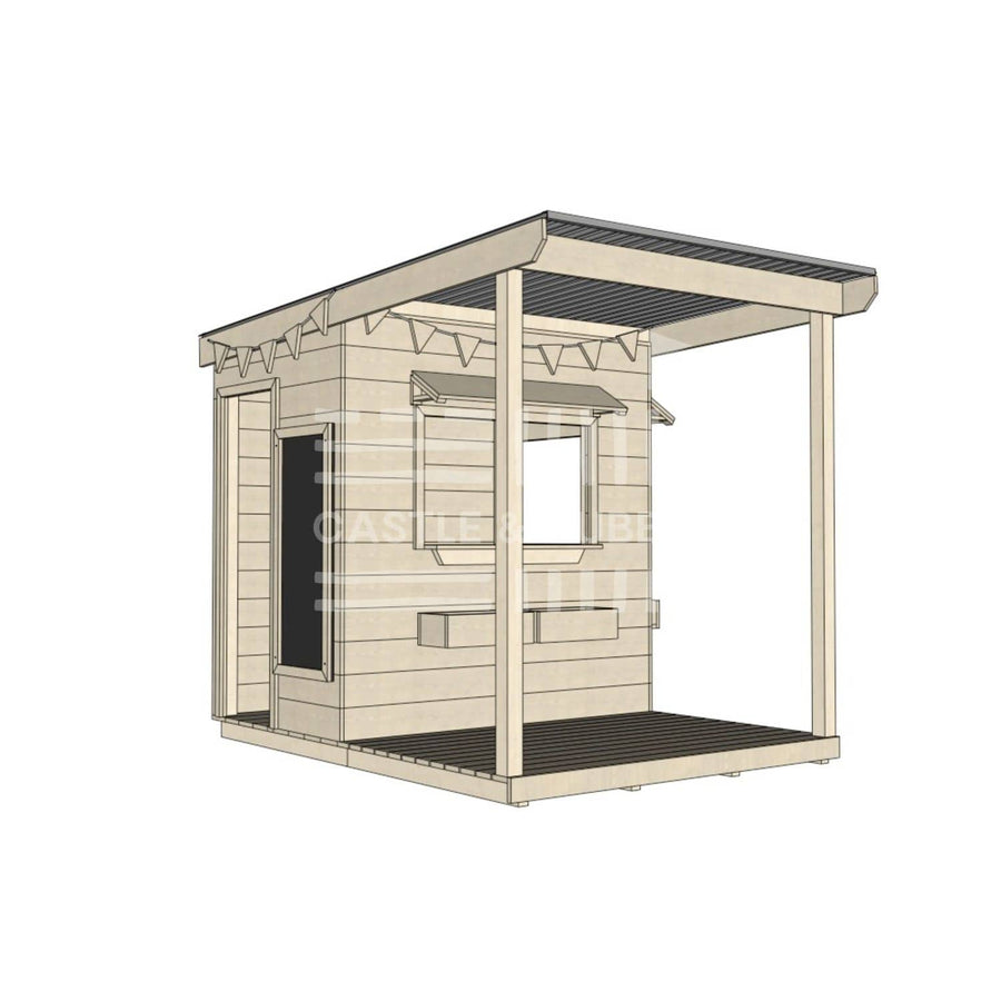 A commercial grade extended height wooden little rectangle cubby house with front verandah and accessories