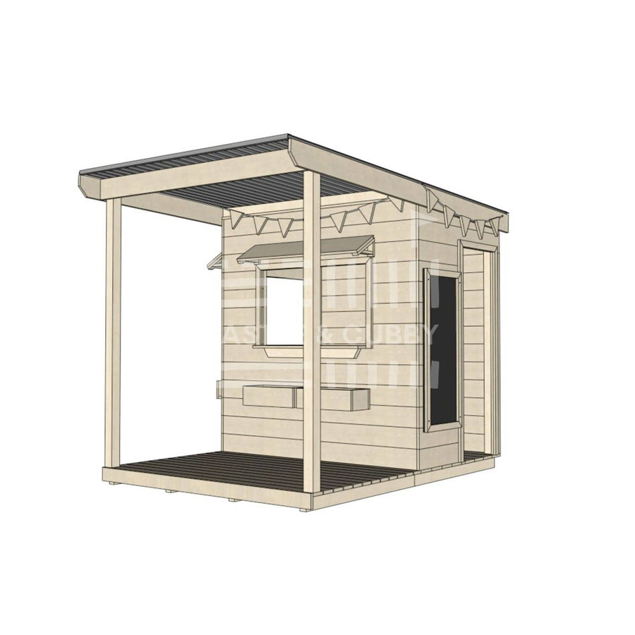 A commercial grade extended height pine little rectangle cubby house with front verandah and accessories package