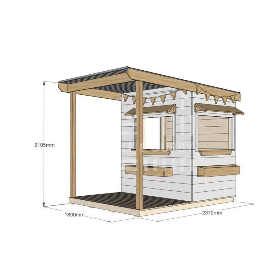 A commercial grade extended height painted pine little rectangle cubby house with front verandah, accessories and dimensions