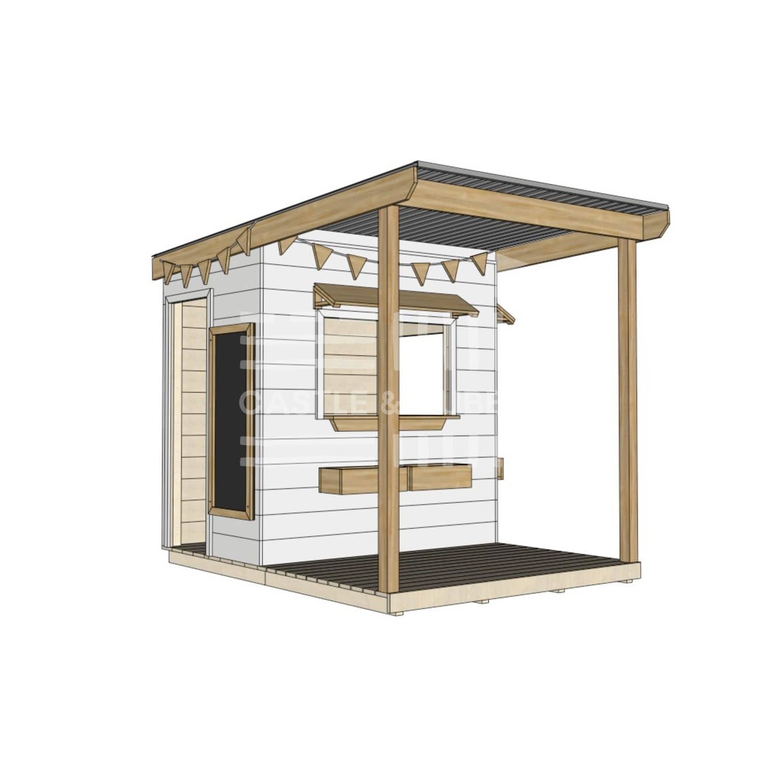 A commercial grade extended height painted wooden little rectangle cubby house with front verandah and accessories