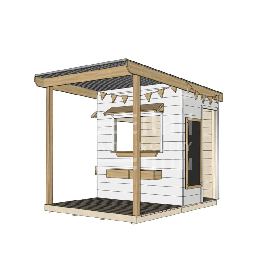 A commercial grade extended height painted pine little rectangle cubby house with front verandah and accessories package