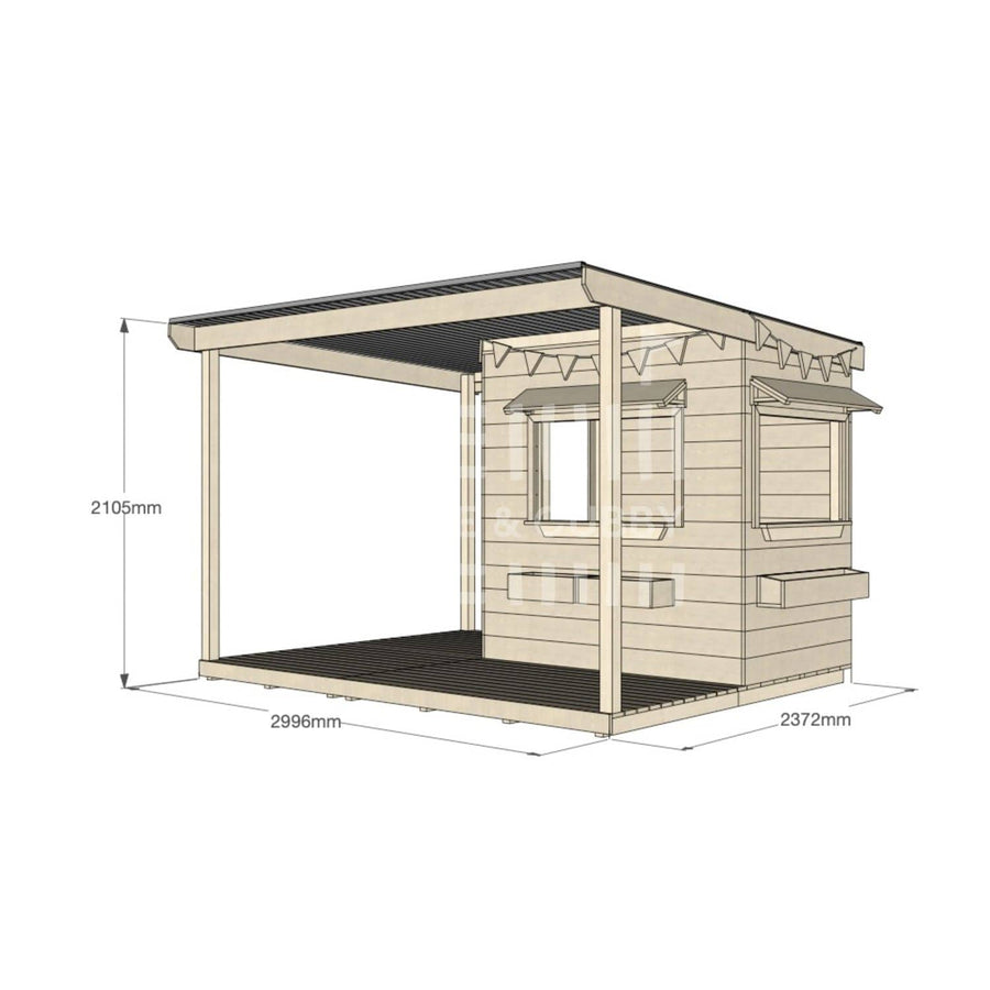 Commercial grade extended height little rectangle pine timber cubby house with wraparound verandah, accessories and dimensions