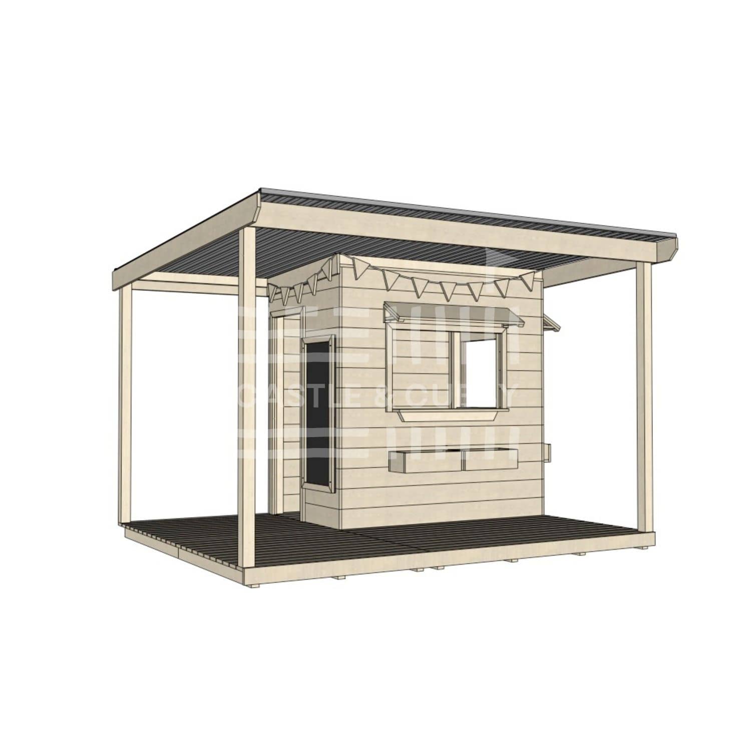 Commercial grade extended height little rectangle wooden cubby house with wraparound verandah and accessories