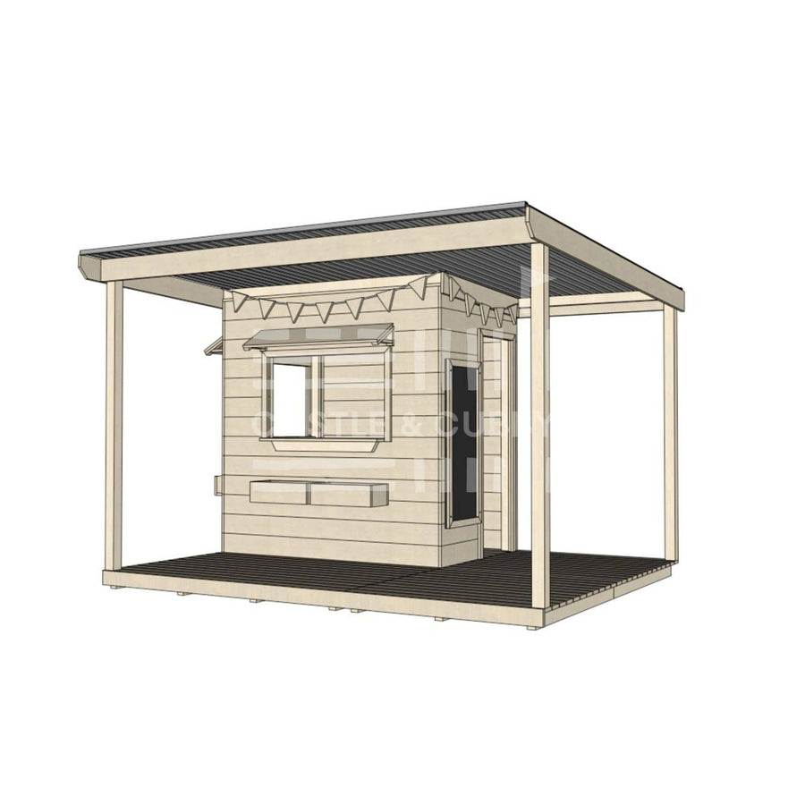 Commercial grade extended height little rectangle timber cubby house with wraparound verandah and accessories