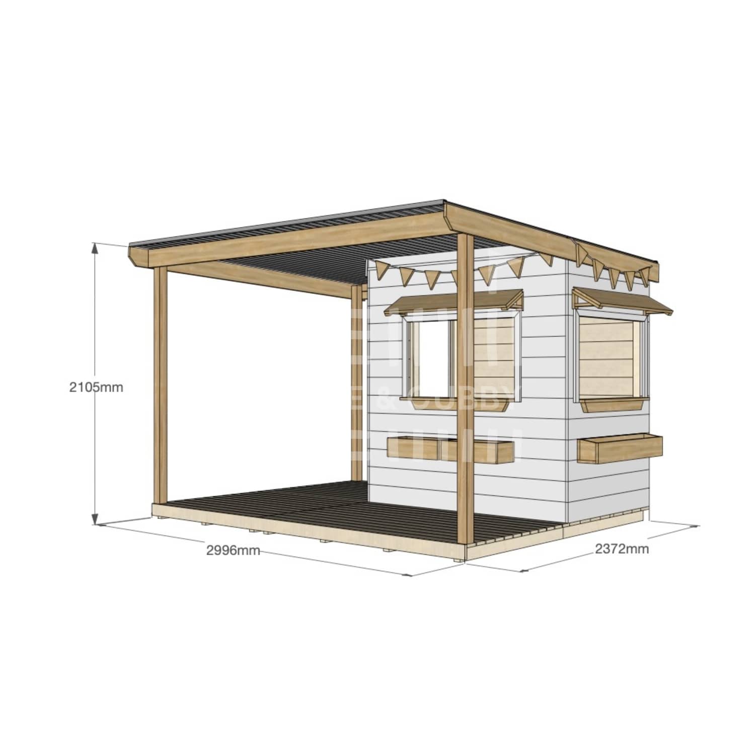 Commercial grade extended height painted little rectangle pine timber cubby house with wraparound verandah, accessories and dimensions