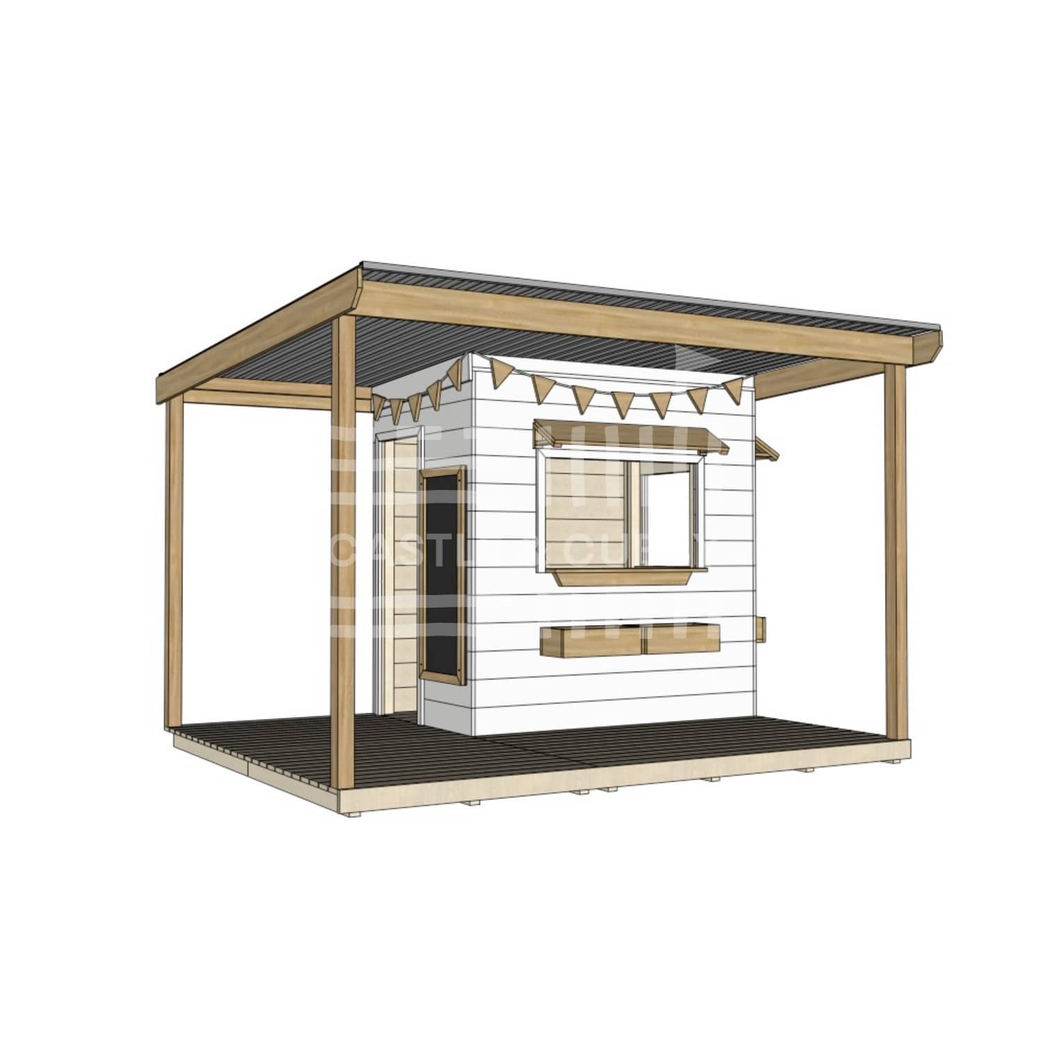 Commercial grade extended height painted little rectangle wooden cubby house with wraparound verandah and accessories
