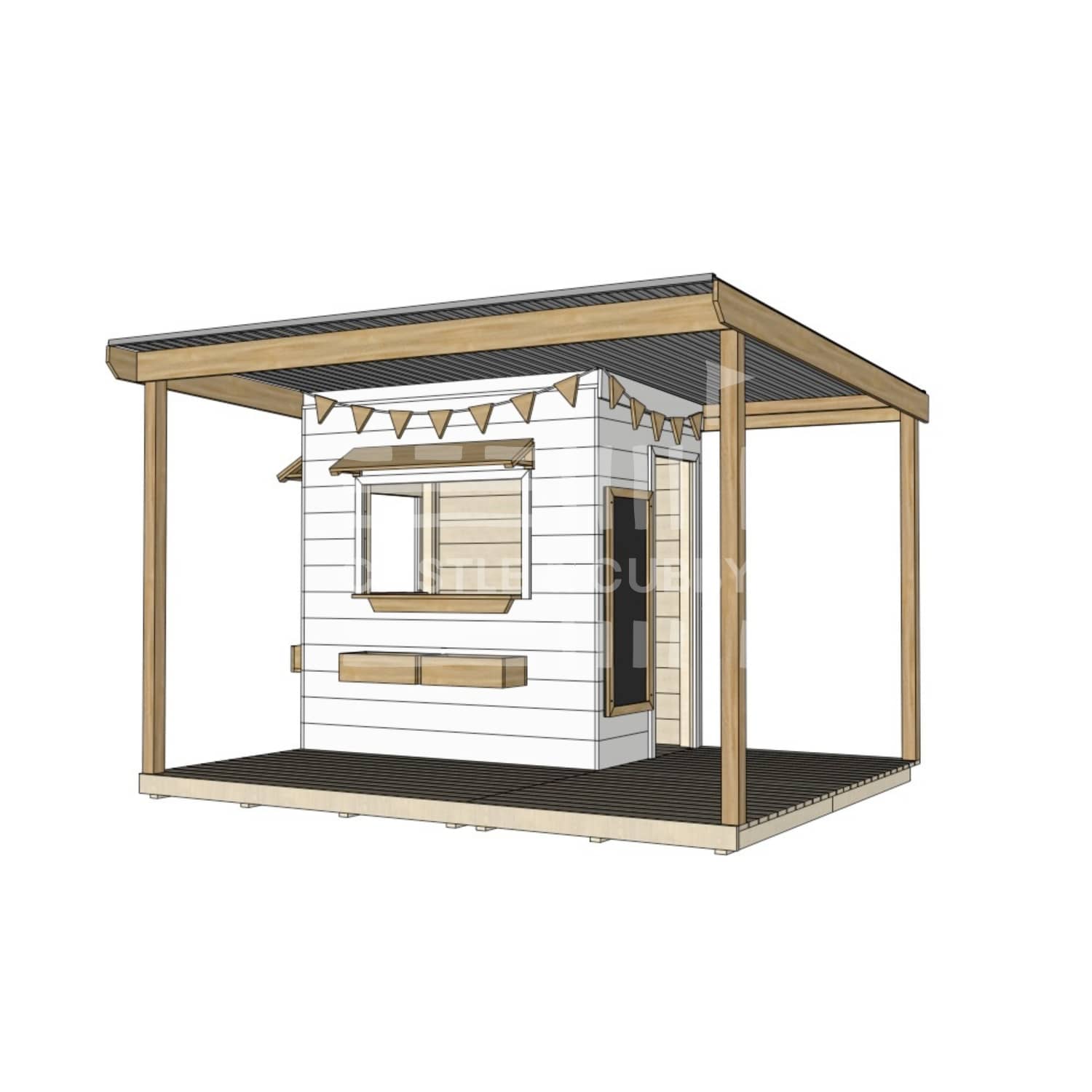 Commercial grade extended height painted little rectangle timber cubby house with wraparound verandah and accessories