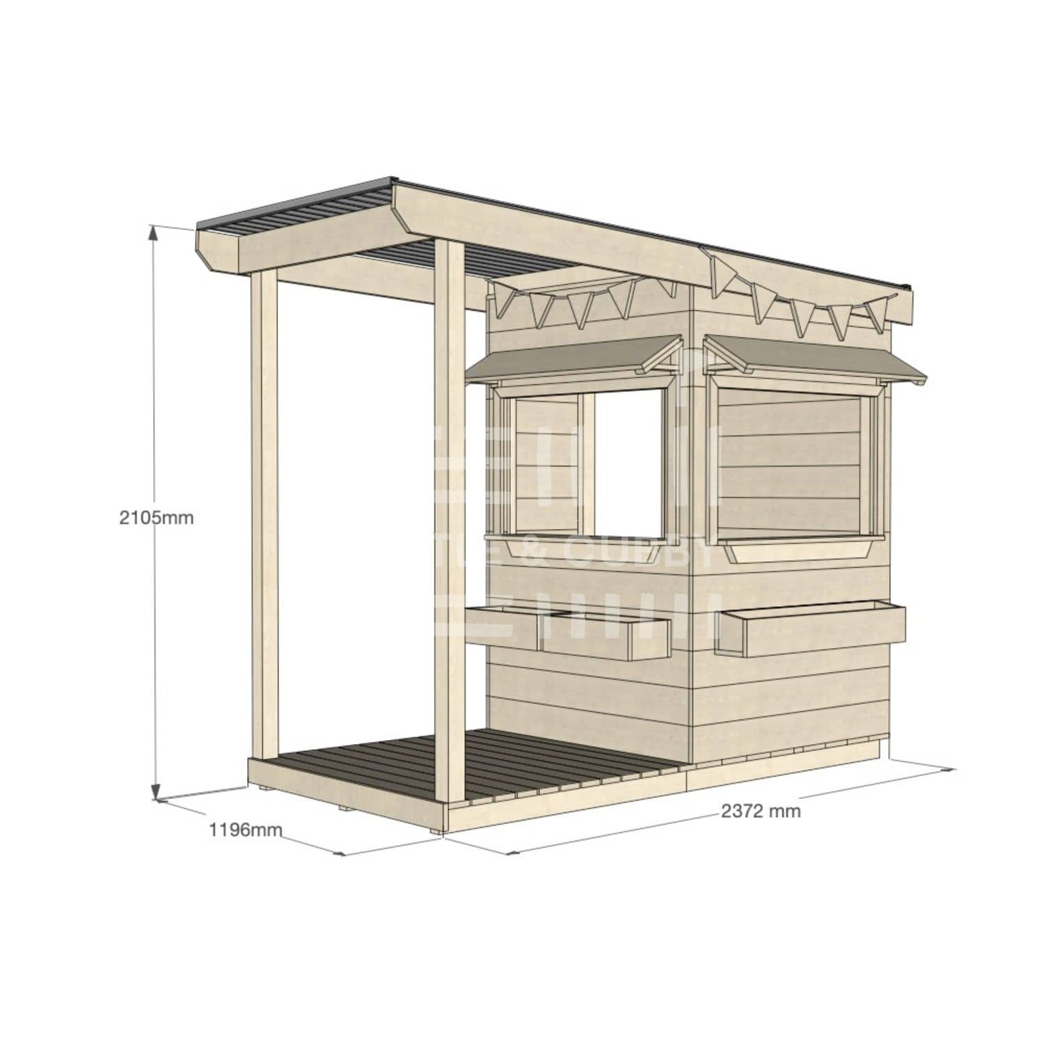 A commercial grade extended height pine little square cubby house with front verandah, accessories and dimensions