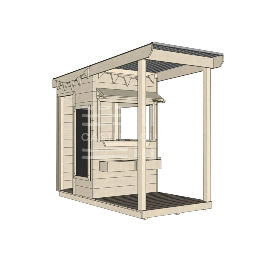 A commercial grade extended height wooden little square cubby house with front verandah and accessories
