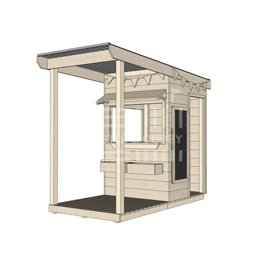 A commercial grade extended height pine little square cubby house with front verandah and accessories package