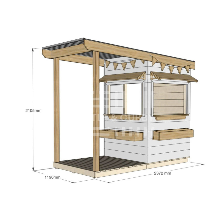 A commercial grade extended height painted pine little square cubby house with front verandah, accessories and dimensions