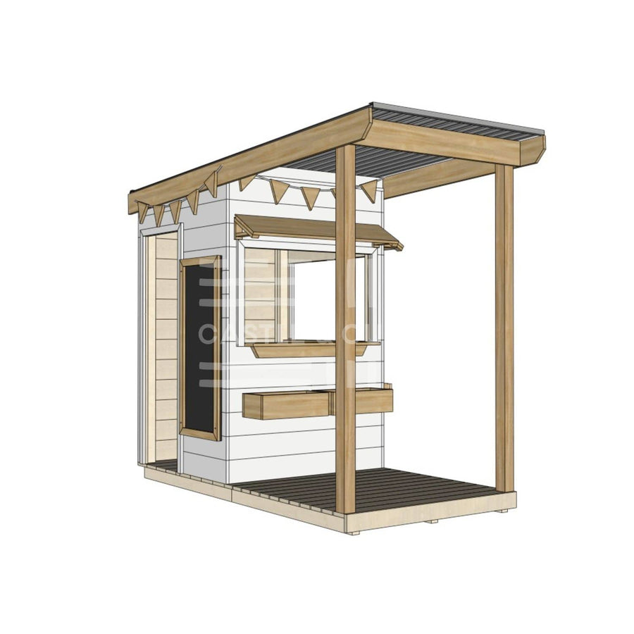 A commercial grade extended height painted wooden little square cubby house with front verandah and accessories