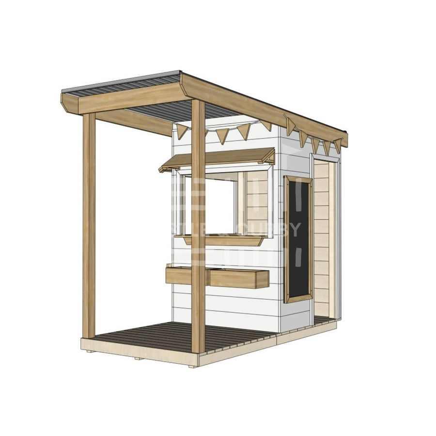 A commercial grade extended height painted pine little square cubby house with front verandah and accessories package