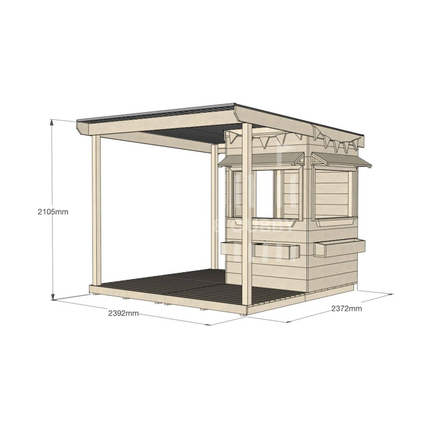 Commercial grade extended height little square pine timber cubby house with wraparound verandah, accessories and dimensions