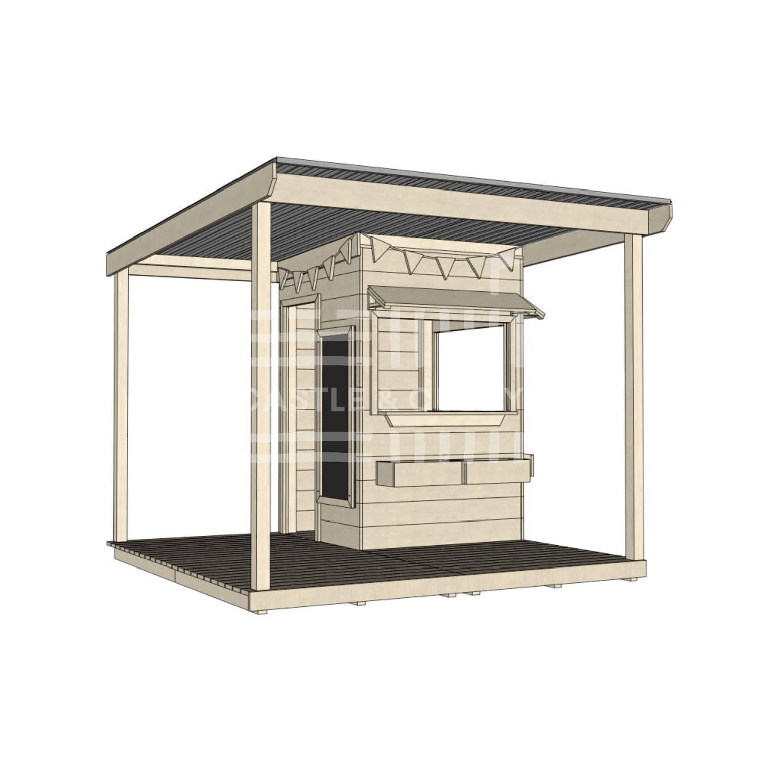 Commercial grade extended height little square wooden cubby house with wraparound verandah and accessories