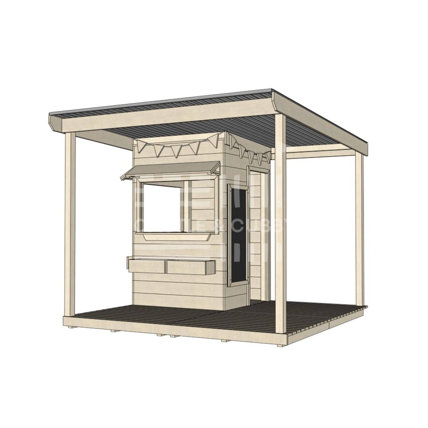 Commercial grade extended height little square timber cubby house with wraparound verandah and accessories