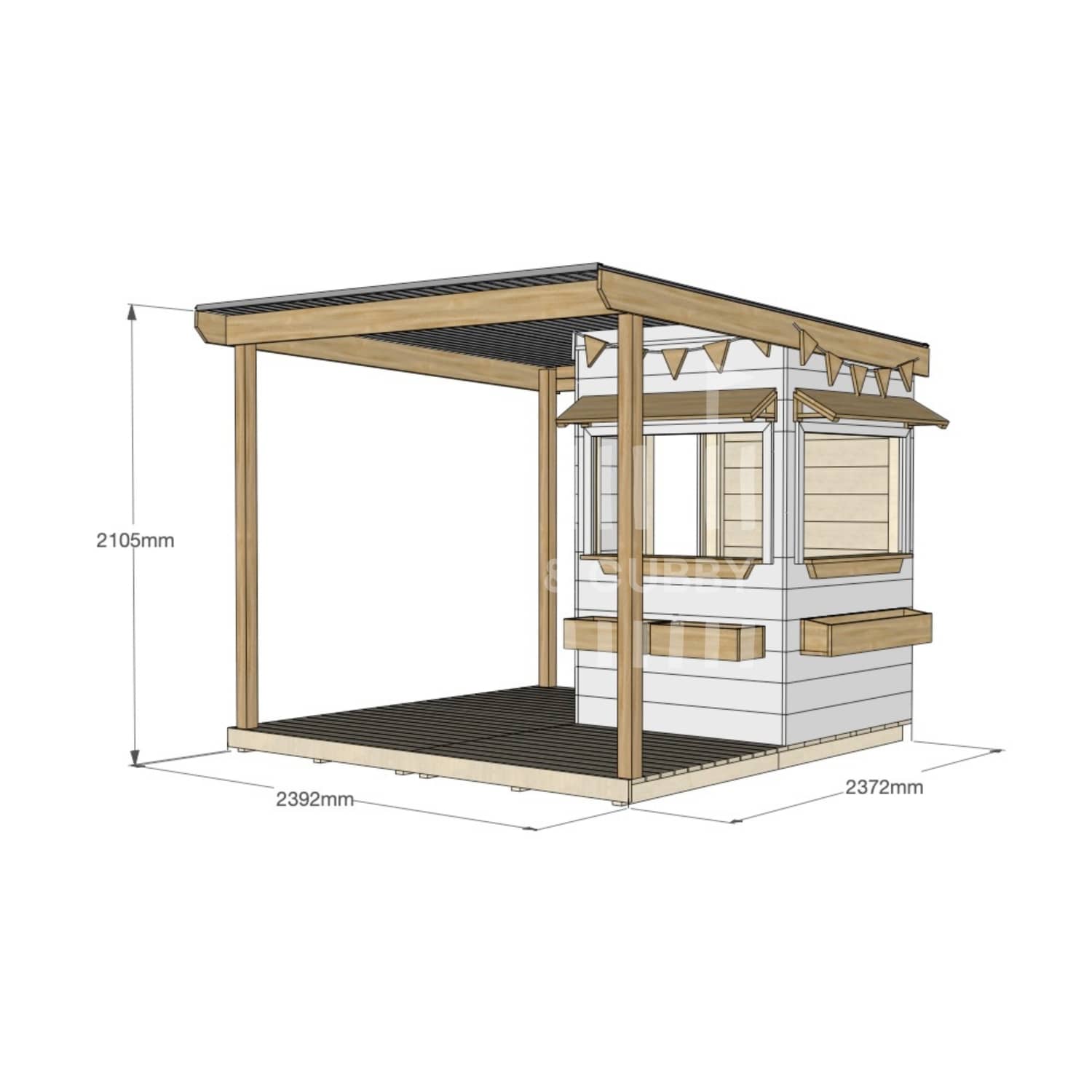 Commercial grade extended height painted little square pine timber cubby house with wraparound verandah, accessories and dimensions