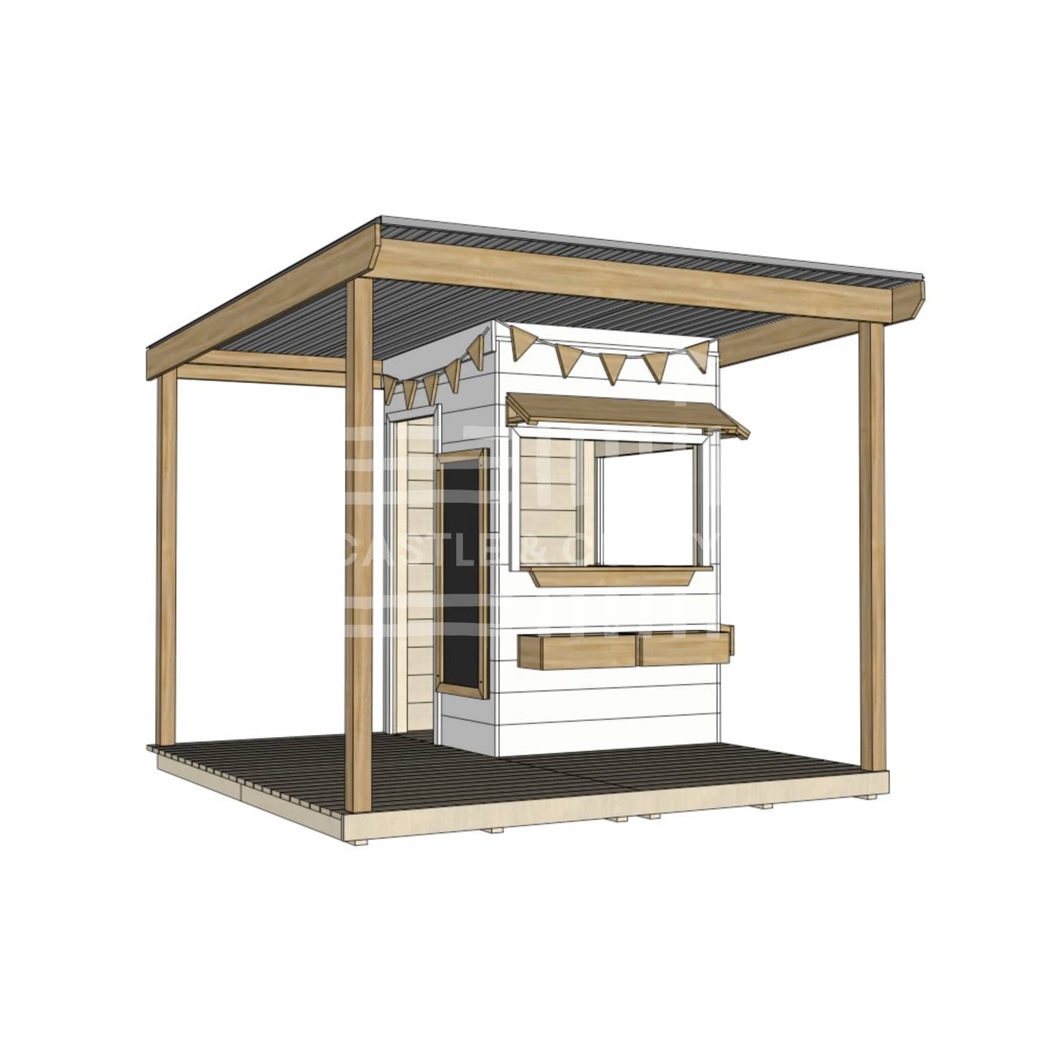Commercial grade extended height painted little square wooden cubby house with wraparound verandah and accessories