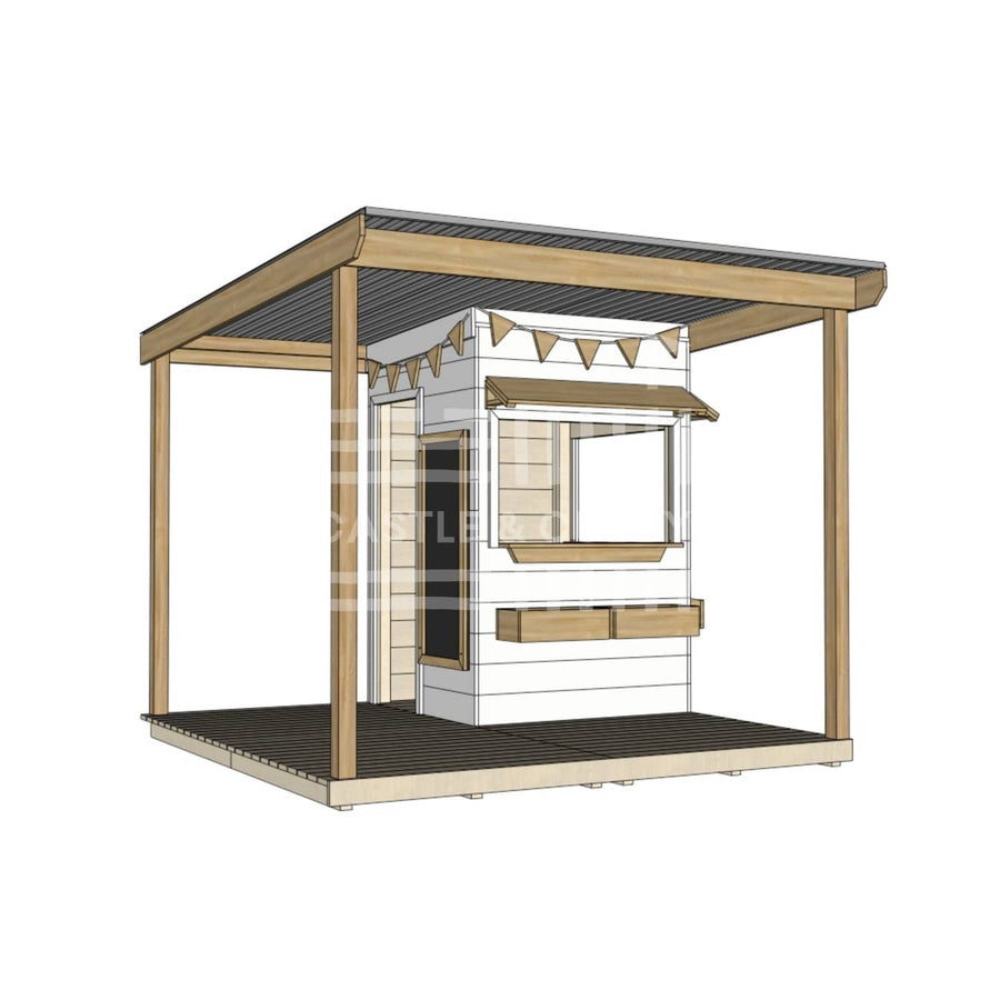Commercial grade extended height painted little square wooden cubby house with wraparound verandah and accessories
