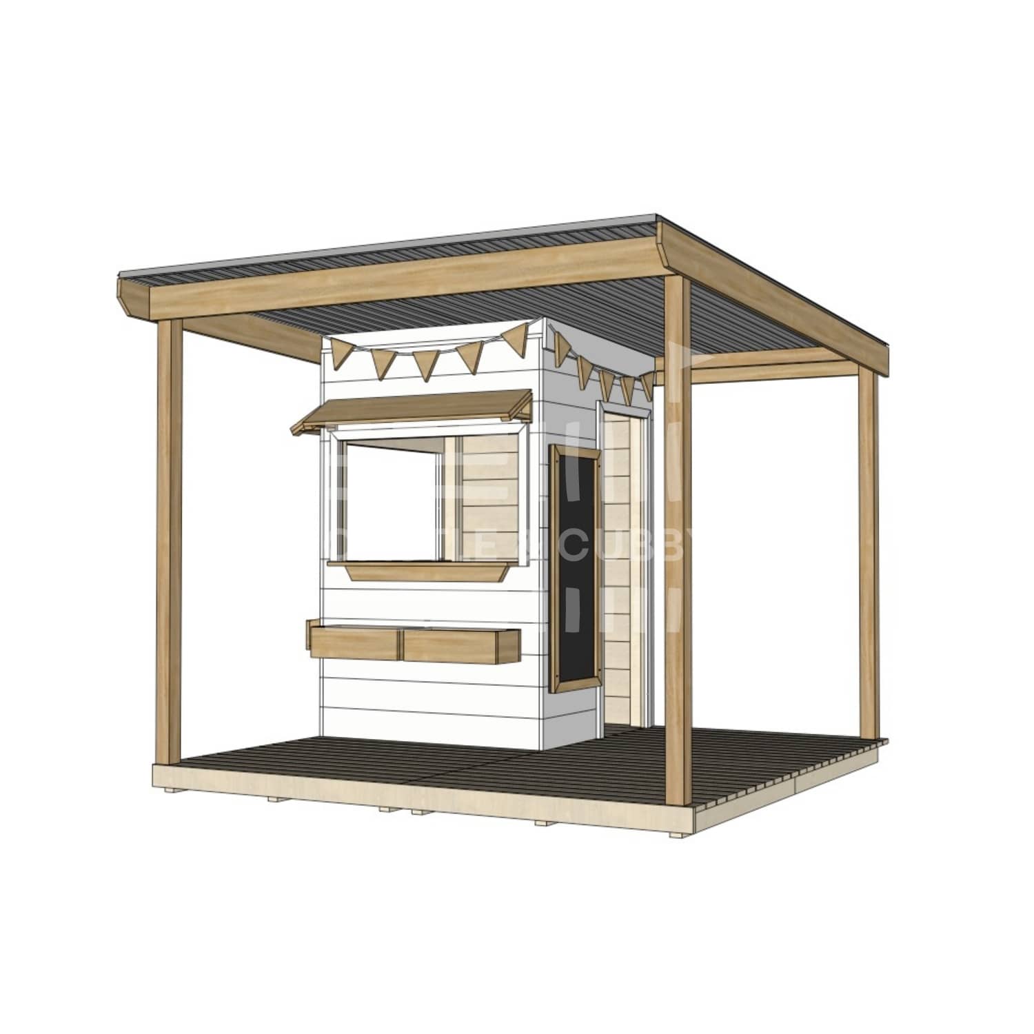 Commercial grade extended height painted little square timber cubby house with wraparound verandah and accessories