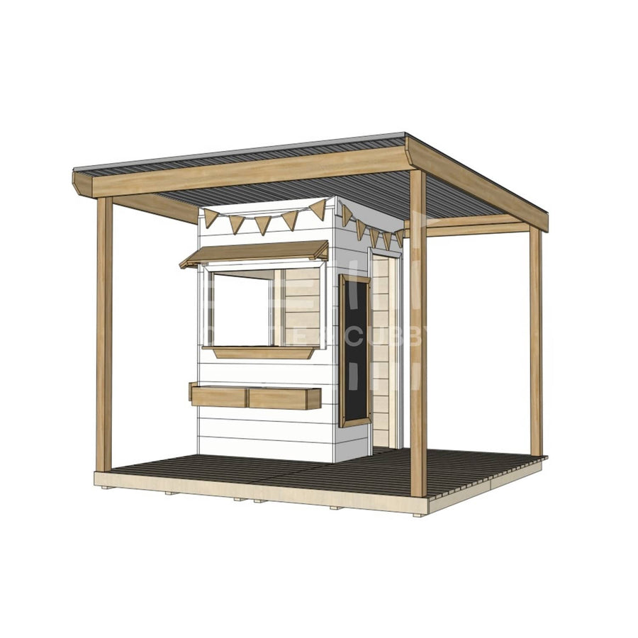 Commercial grade extended height painted little square timber cubby house with wraparound verandah and accessories