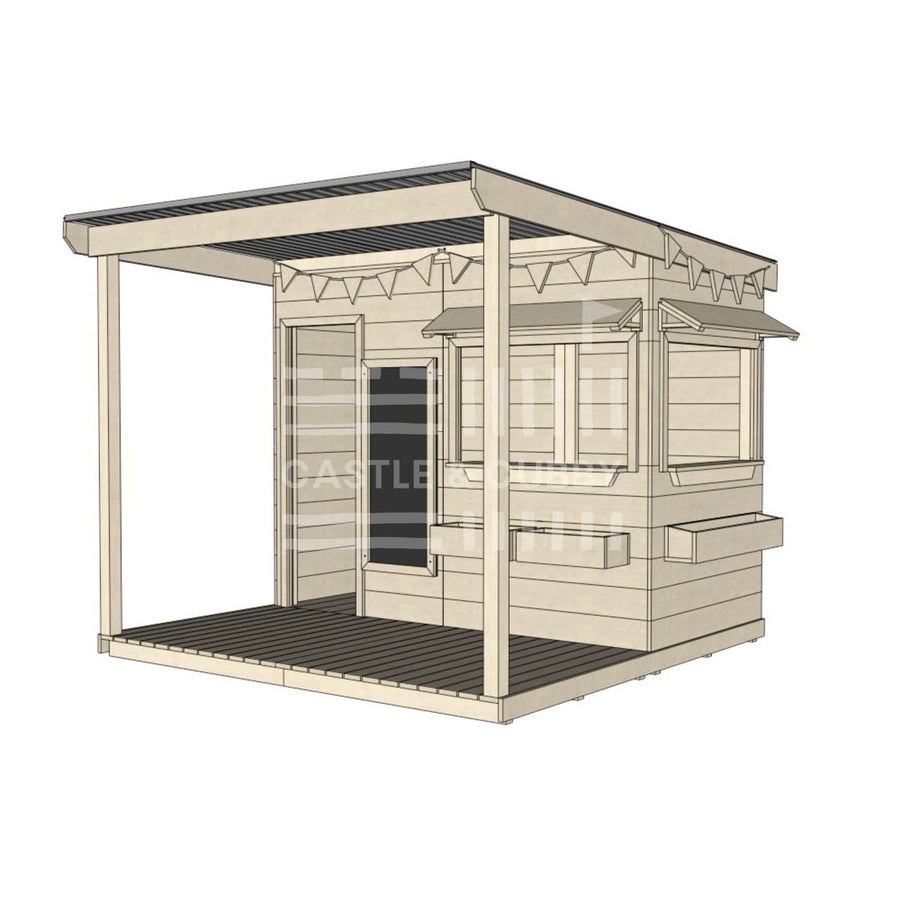 A commercial grade extended height wooden midi rectangle cubby house with front verandah and accessories